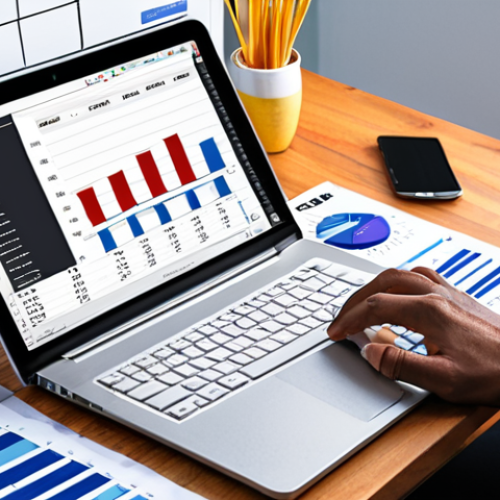 Home 13 **Budget Planning Visual**: Create an image of a person sitting at a desk with a laptop and a spreadsheet open, detailing their income and expenses. Include visual elements like graphs and charts to represent financial data, and have the person look focused and organized.