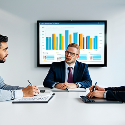 Home 8 A diverse group of three financial professionals, two men and one woman, fully clothed in modest business attire, gathered around a large table. They are engaged in a thoughtful discussion, pointing at a financial chart displayed on a large screen or a tablet, visually representing two different loan repayment schedules (annuity versus linear) with varying principal and interest components over time. The setting is a clean, brightly lit modern office with large windows overlooking a city skyline. The desks are tidy with laptops and notepads, conveying a professional and analytical mood. Perfect anatomy, correct proportions, natural pose, well-formed hands, proper finger count, natural body proportions. High-resolution, professional photography, crisp details, natural color grading. safe for work, appropriate content, fully clothed, professional.