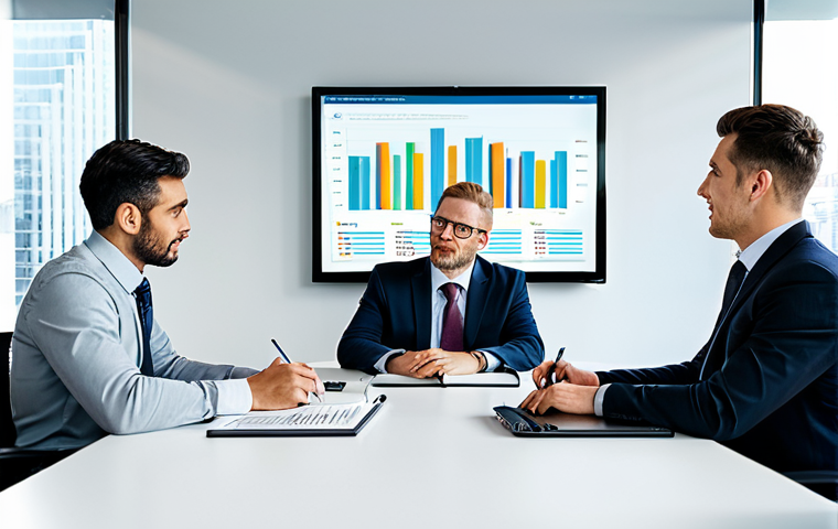 A diverse group of three financial professionals, two men and one woman, fully clothed in modest business attire, gathered around a large table. They are engaged in a thoughtful discussion, pointing at a financial chart displayed on a large screen or a tablet, visually representing two different loan repayment schedules (annuity versus linear) with varying principal and interest components over time. The setting is a clean, brightly lit modern office with large windows overlooking a city skyline. The desks are tidy with laptops and notepads, conveying a professional and analytical mood. Perfect anatomy, correct proportions, natural pose, well-formed hands, proper finger count, natural body proportions. High-resolution, professional photography, crisp details, natural color grading. safe for work, appropriate content, fully clothed, professional.